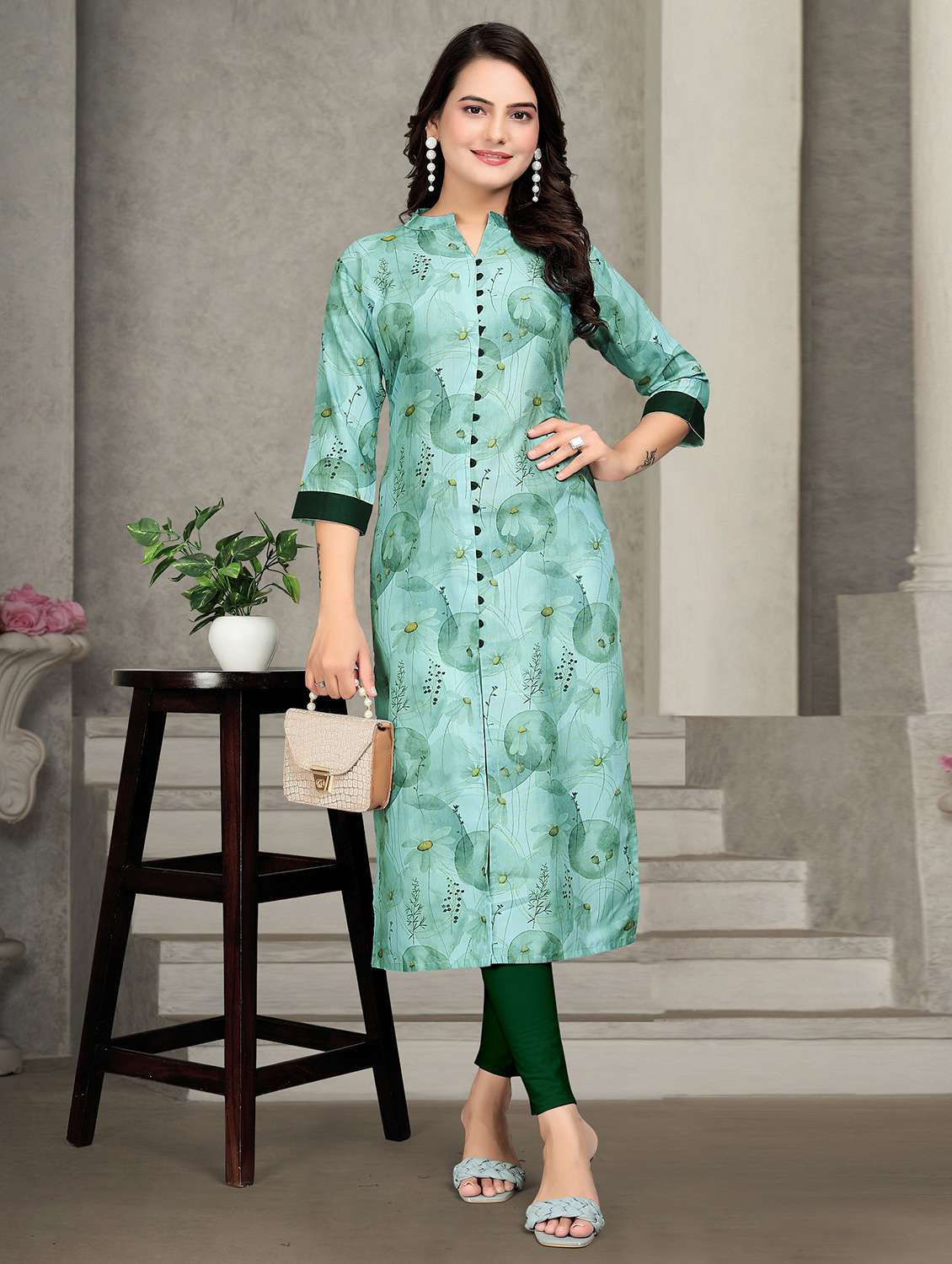 women floral three quarter sleeve straight kurta 