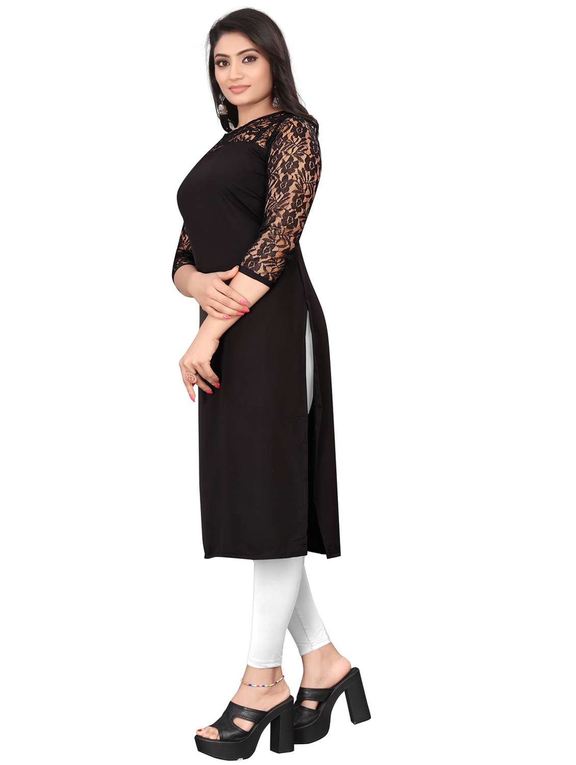 women solid three quarter sleeve straight kurta - 22041982 - Standard Image - 2