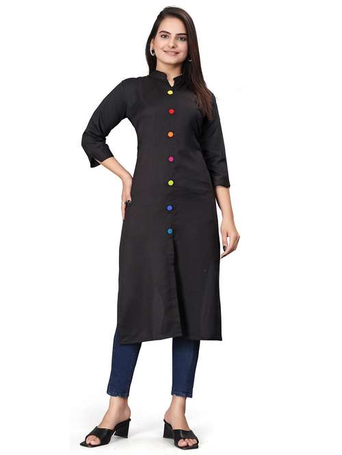 women solid three quarter sleeve straight kurta - 22041983 - Standard Image - 0