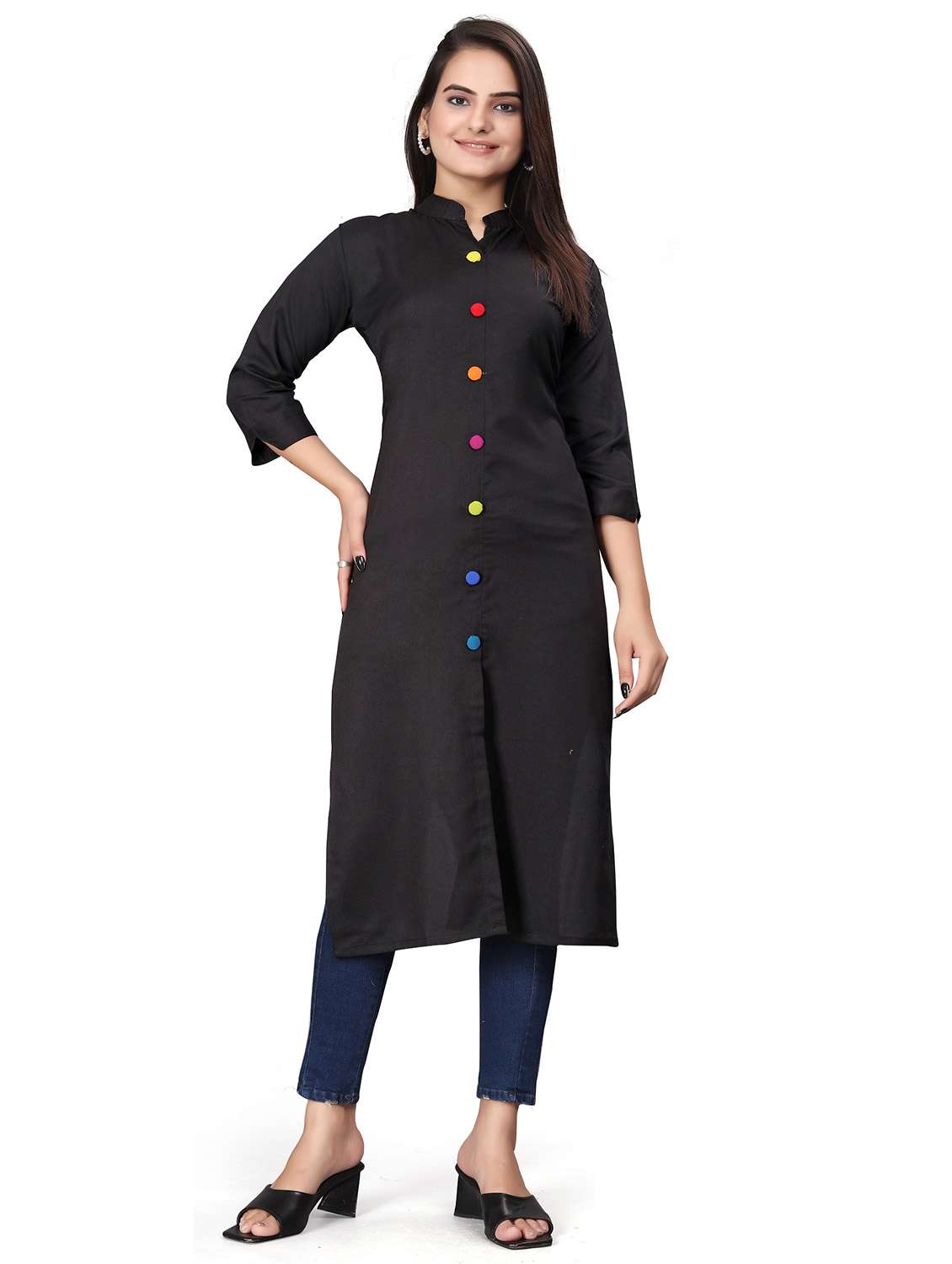 women solid three quarter sleeve straight kurta - 22041983 - Zoom Image - 0