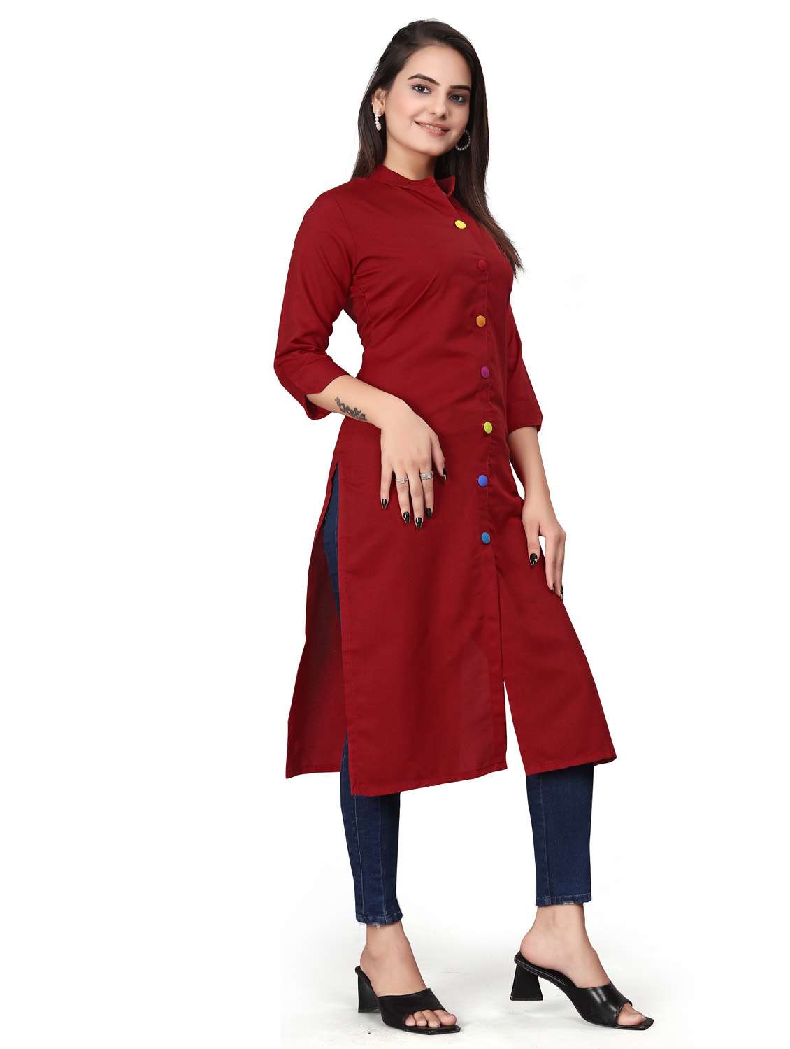 women solid three quarter sleeve straight kurta  - 22041985 -  Standard Image - 2