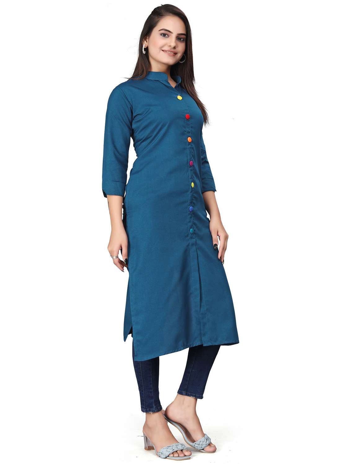 women solid three quarter sleeve straight kurta - 22041986 - Standard Image - 2