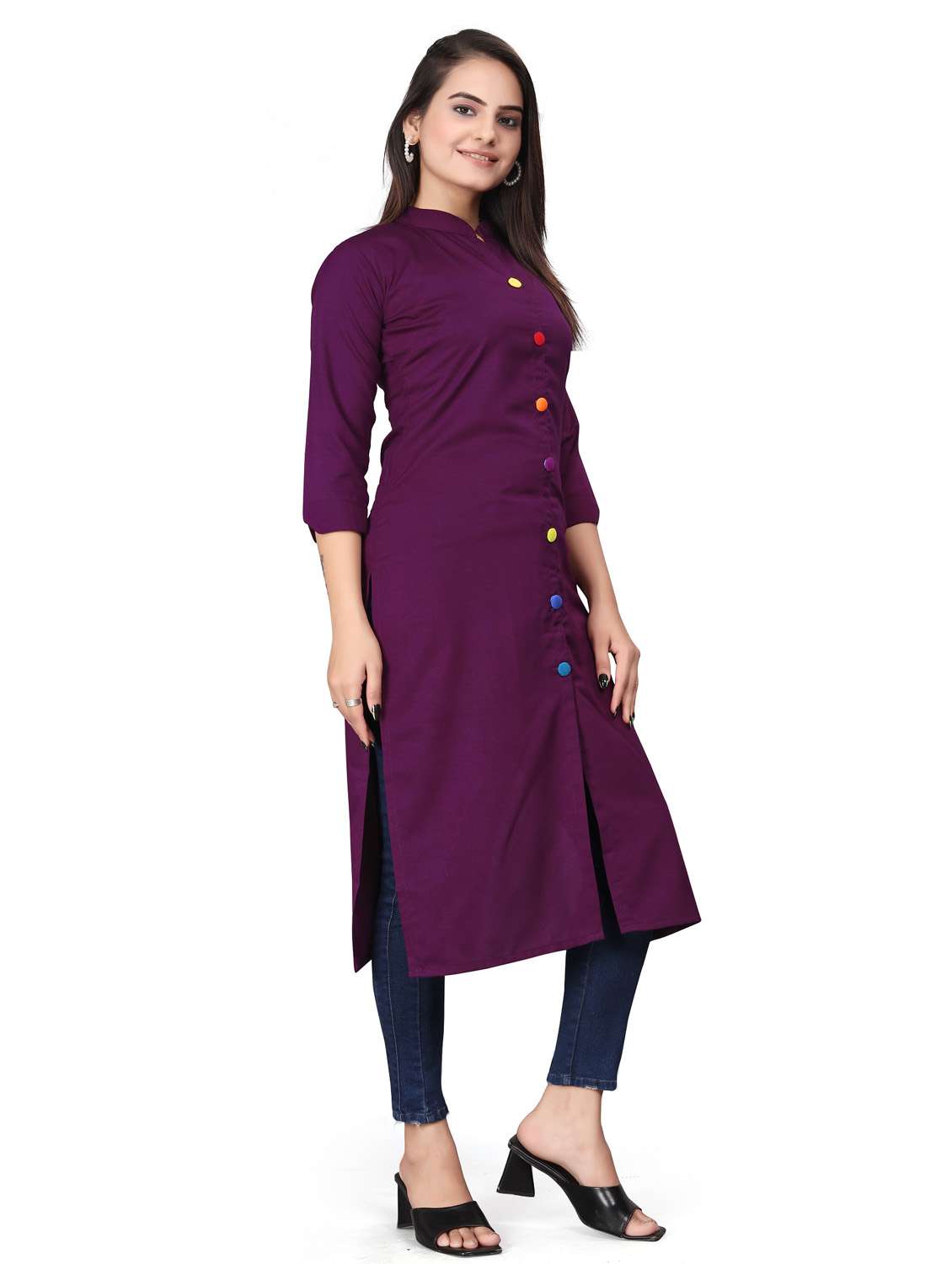 women solid three quarter sleeve straight kurta  - 22041987 -  Standard Image - 2