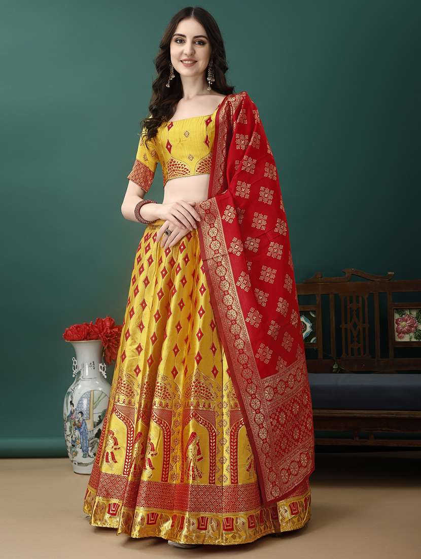 women self design flared unstitched lehenga