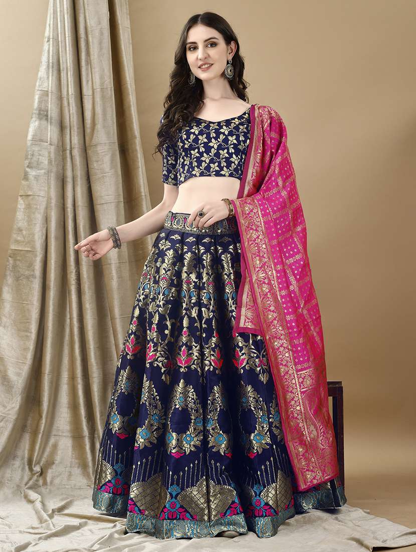 women self design flared unstitched lehenga