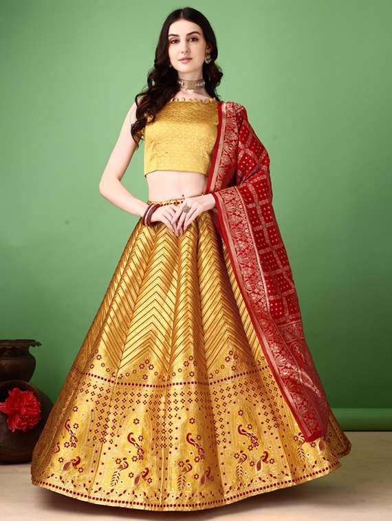 women self design flared unstitched lehenga