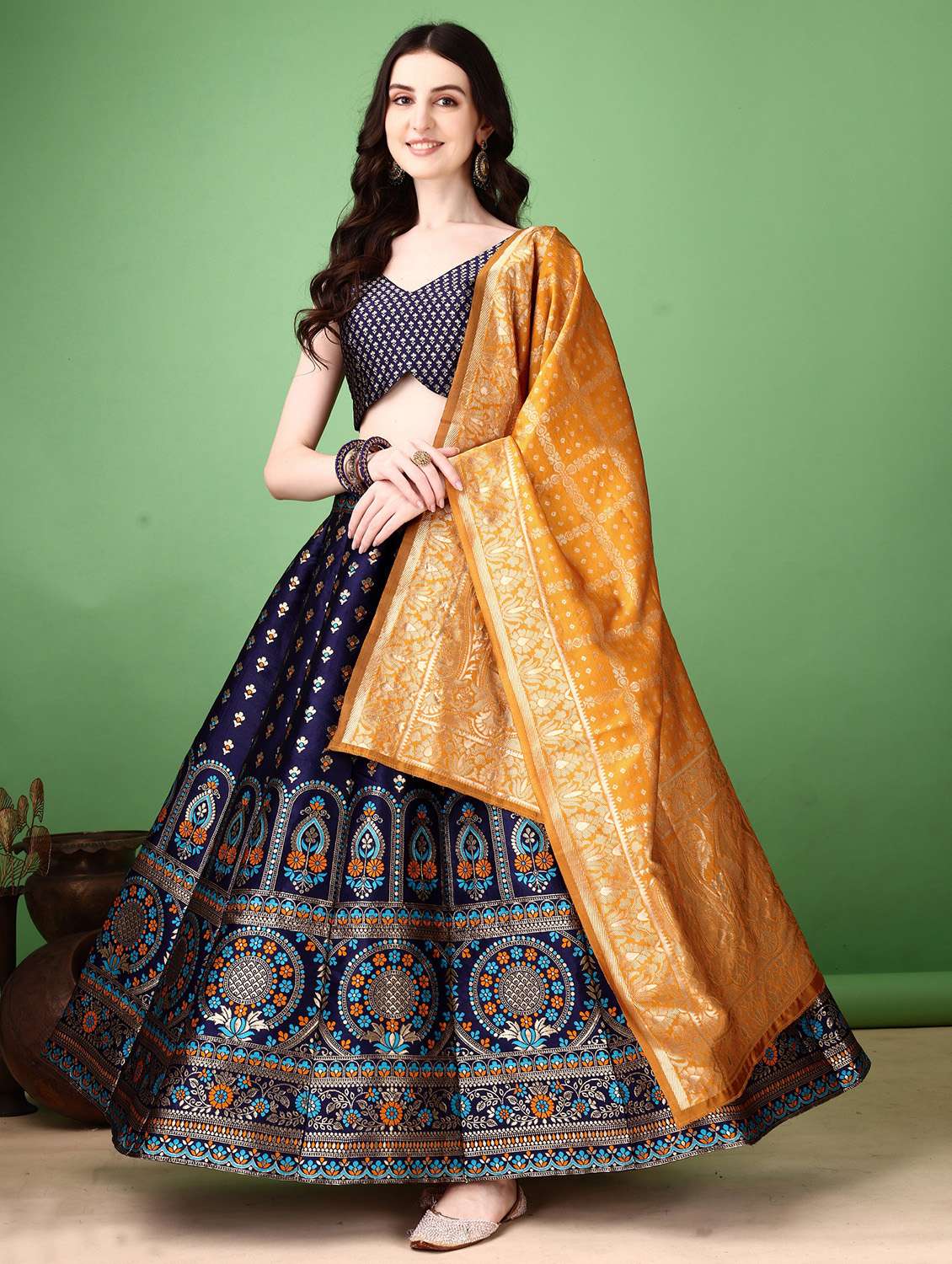 women self design flared unstitched lehenga