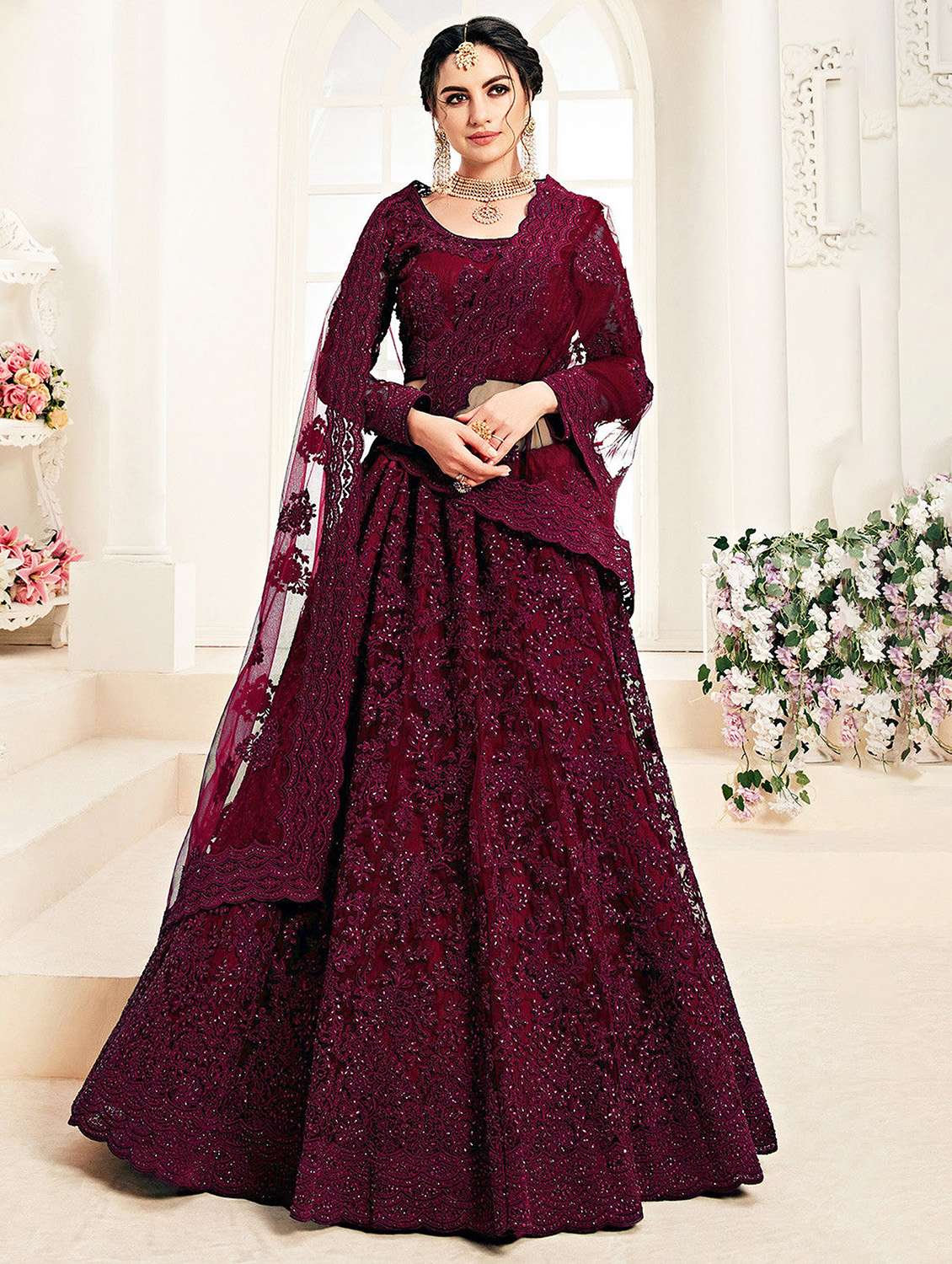 women embroidered flared lehenga choli with duppata set