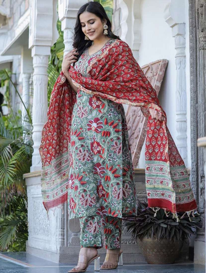 women printed three quarter sleeve kurta pant with dupatta set - 22042175 -  Standard Image - 2