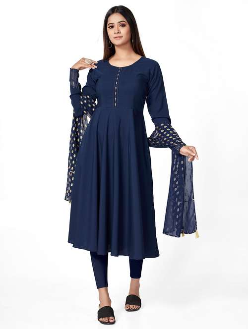 women solid long sleeve flared kurta and dupatta set - 22042185 -  Standard Image - 0