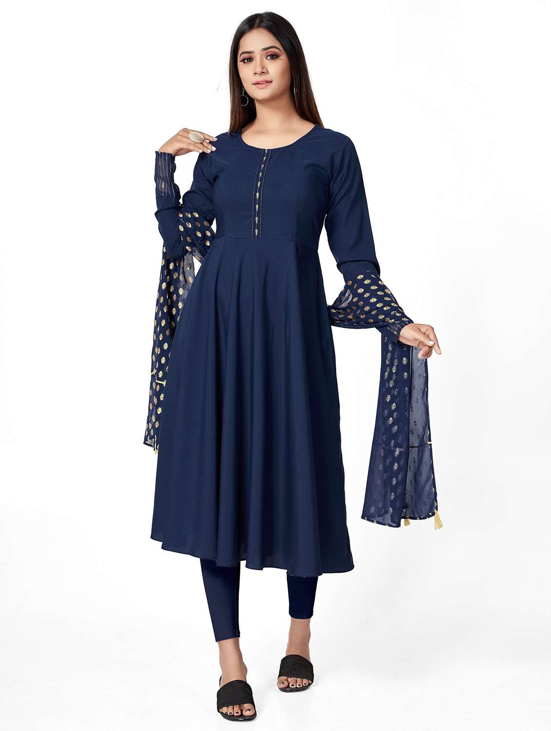 women solid long sleeve flared kurta and dupatta set - 22042185 -  Zoom Image - 0