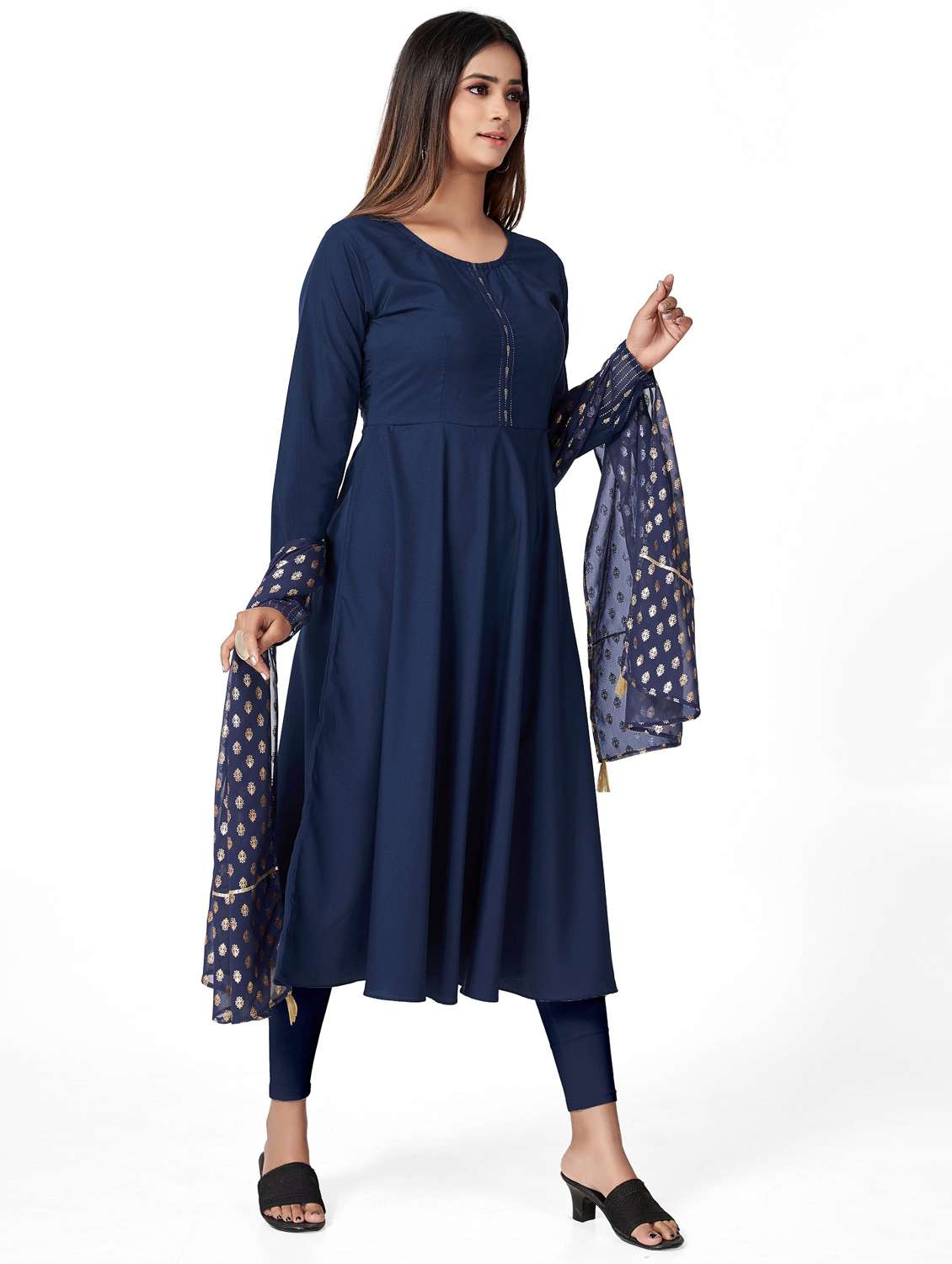 women solid long sleeve flared kurta and dupatta set - 22042185 - Standard Image - 2