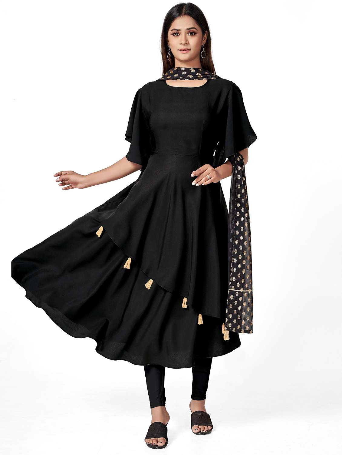 women solid flared sleeve kurta and dupatta set - 22042188 - Standard Image - 2
