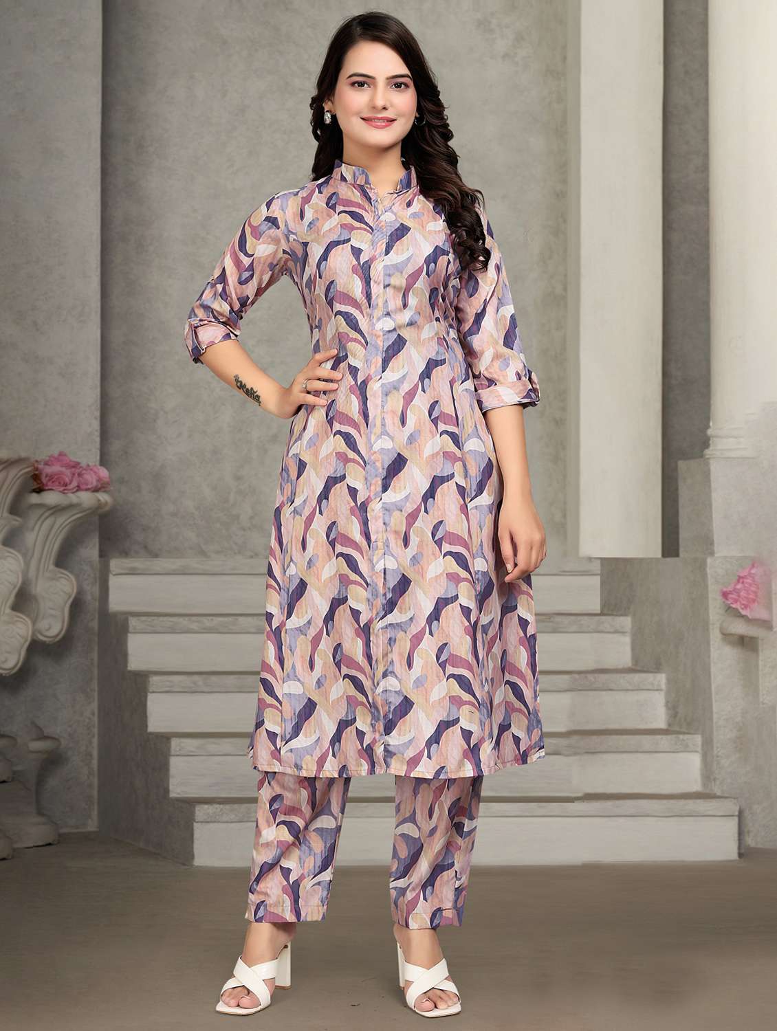women printed three quarter sleeve kurta pant set - 22042206 - Standard Image - 2