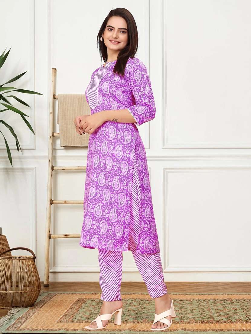 women printed three quarter sleeve kurta pant set - 22042216 -  Standard Image - 2