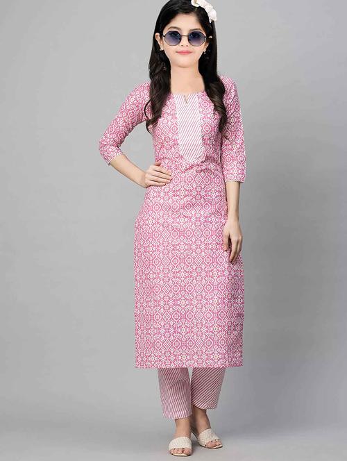 girls printed three quarter sleeve kurta and pant set - 22042250 - Standard Image - 0