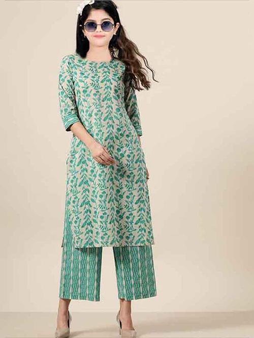 girls printed three quarter sleeve kurta and pant set  - 22042259 -  Standard Image - 0