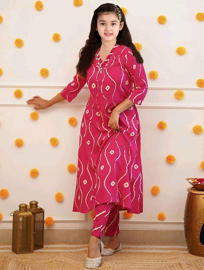 girls printed three quarter sleeve kurta and pant set 