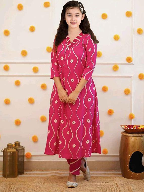 girls printed three quarter sleeve kurta and pant set - 22042270 - Standard Image - 2