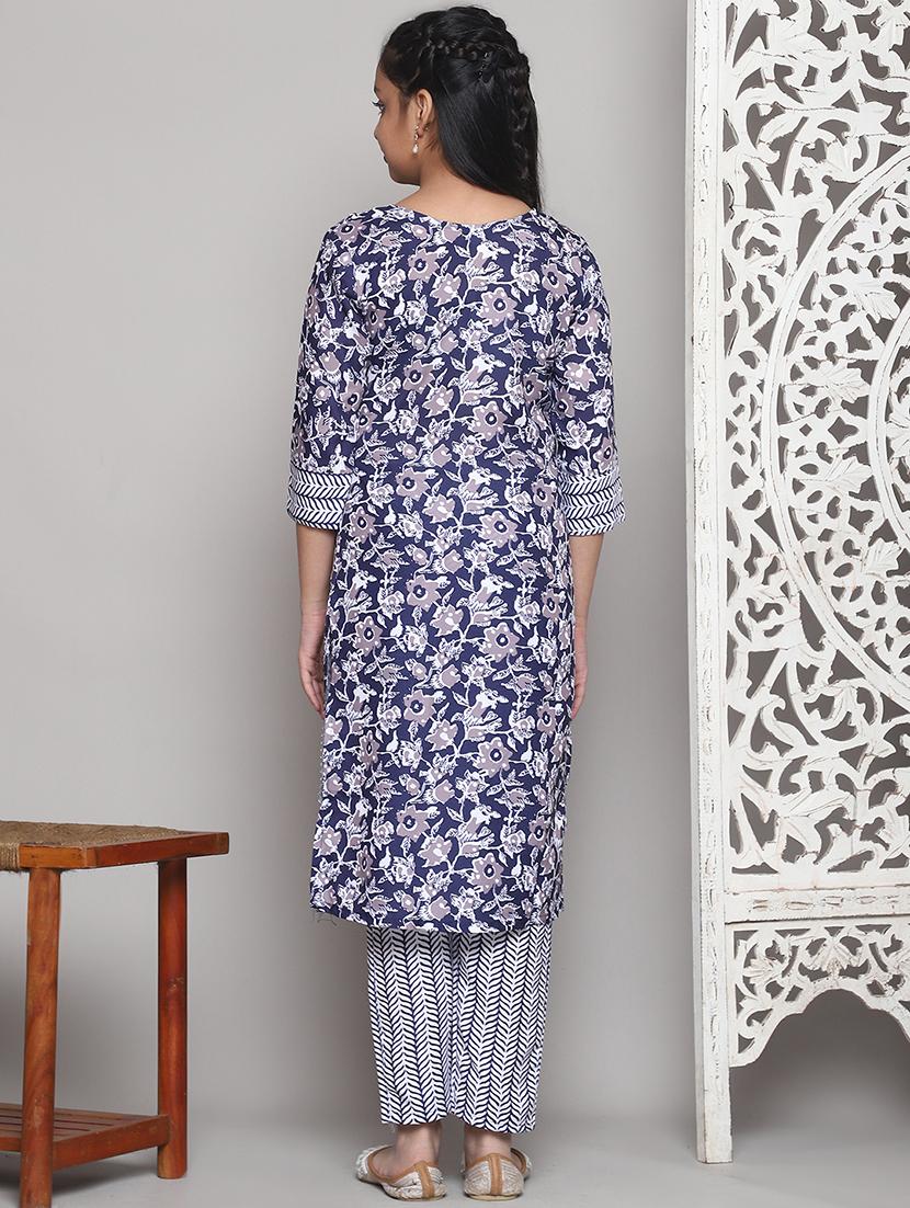 printed rayon kurta pant set blue - 22042272 - Standard Image - 2