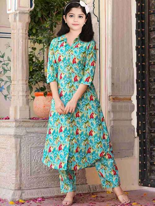 girls printed three quarter sleeve kurta and pant set - 22042276 - Standard Image - 0