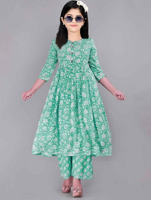 girls printed three quarter sleeve kurta and pant set  - 22042281 -  Standard Image - 0