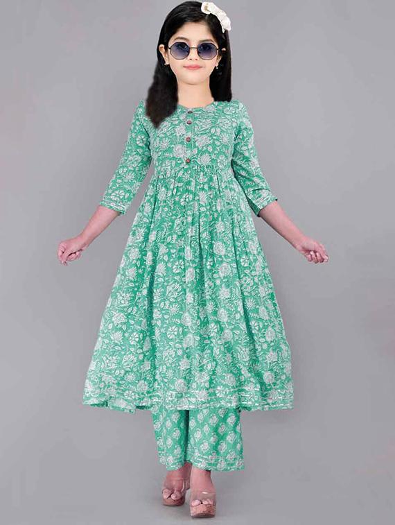 girls printed three quarter sleeve kurta and pant set  - 22042281 -  Zoom Image - 0