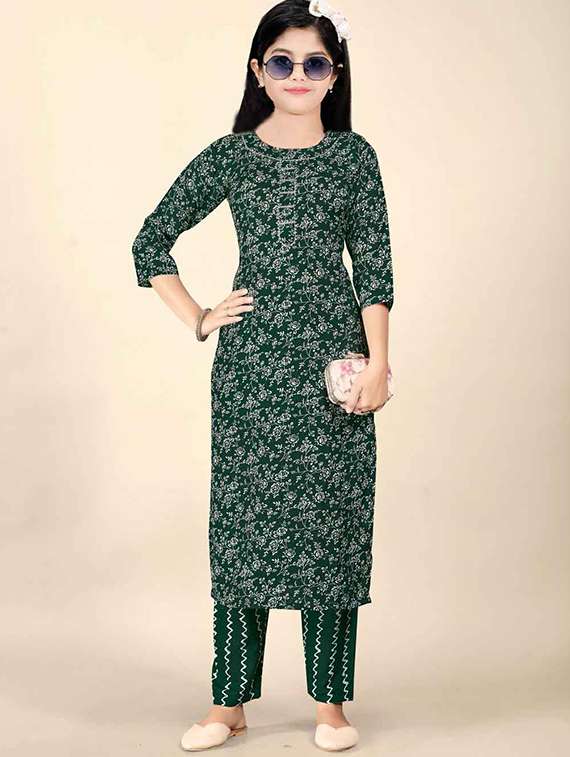 girls printed three quarter sleeve kurta and pant set  - 22042282 -  Zoom Image - 0
