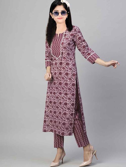 girls printed three quarter sleeve kurta and pant set - 22042284 - Standard Image - 0