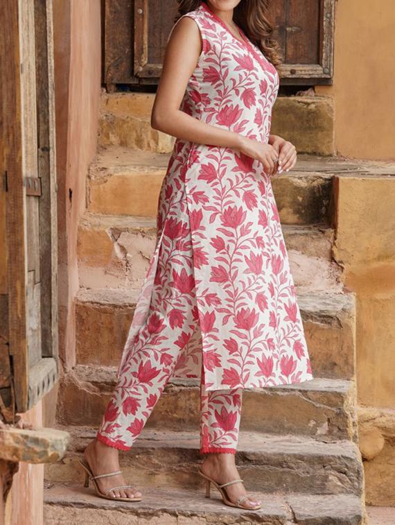 girls printed sleeveless kurta and pant set - 22042287 - Standard Image - 2