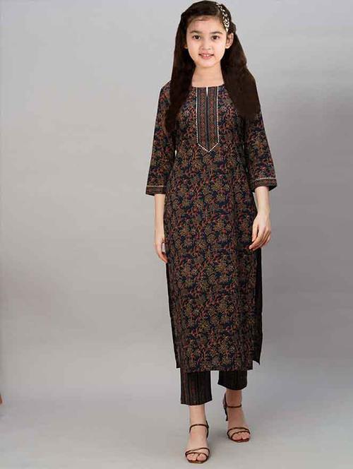 girls printed three quarter sleeve kurta and pant set - 22042291 - Standard Image - 0