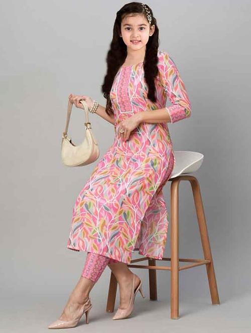 girls printed three quarter sleeve kurta and pant set  - 22042292 -  Standard Image - 0