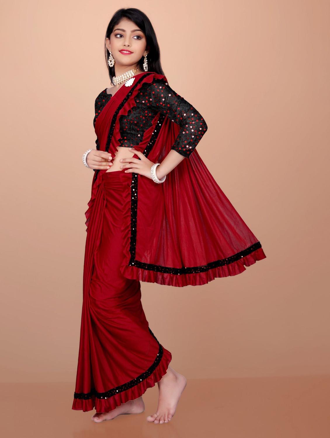 girls embellished ready to wear ruffle saree - 22042294 - Standard Image - 2
