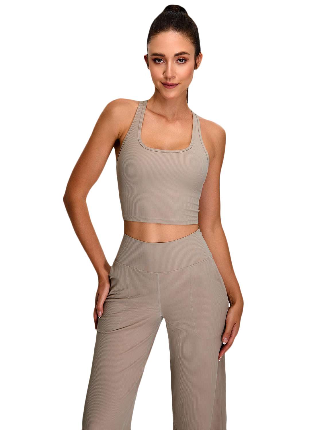 women beige solid active wear set - 22042329 - Standard Image - 2