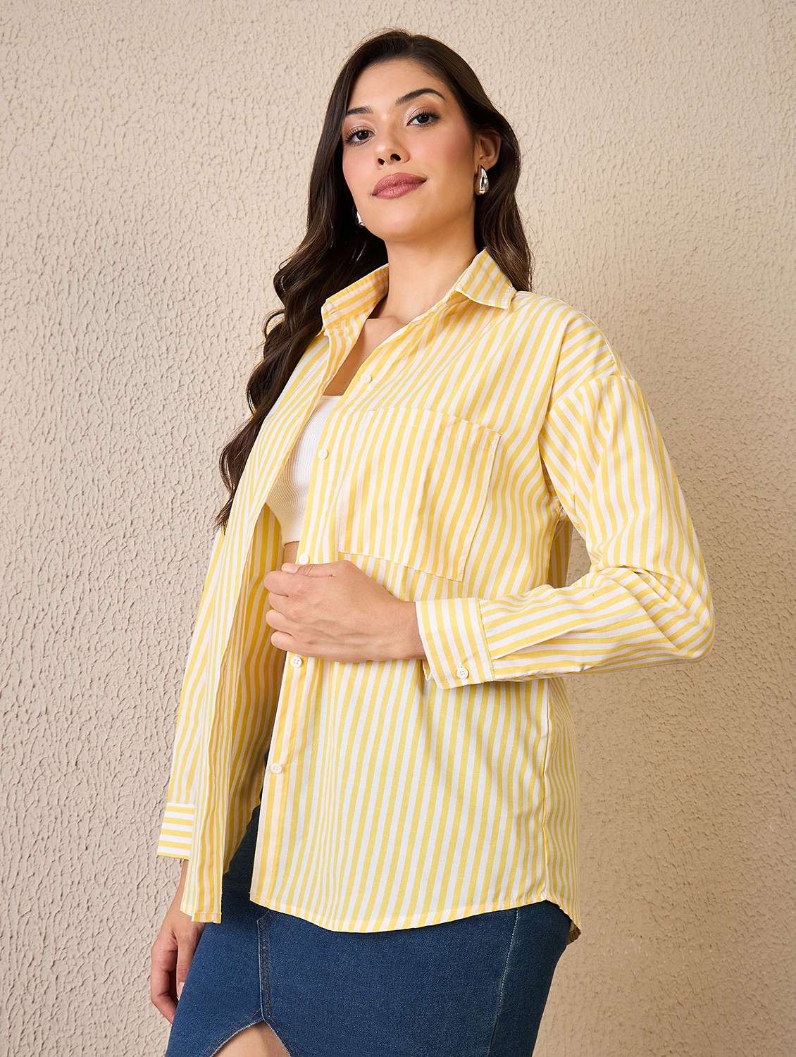 women striped collared long sleeve oversized shirt - 22042406 -  Standard Image - 2