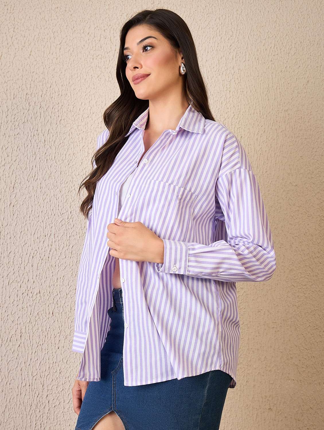 women striped collared long sleeve oversized shirt - 22042408 - Standard Image - 2