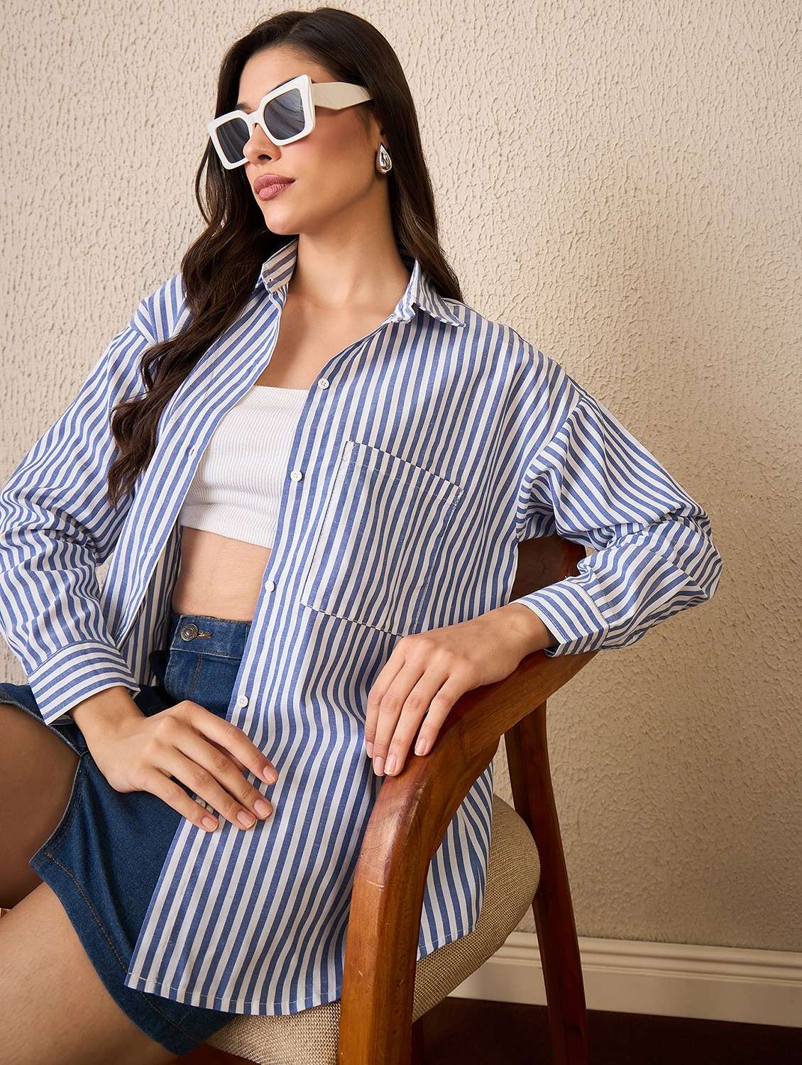 women striped collared long sleeve oversized shirt