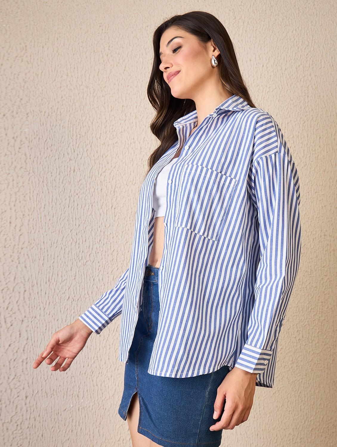women striped collared long sleeve oversized shirt - 22042409 - Standard Image - 2