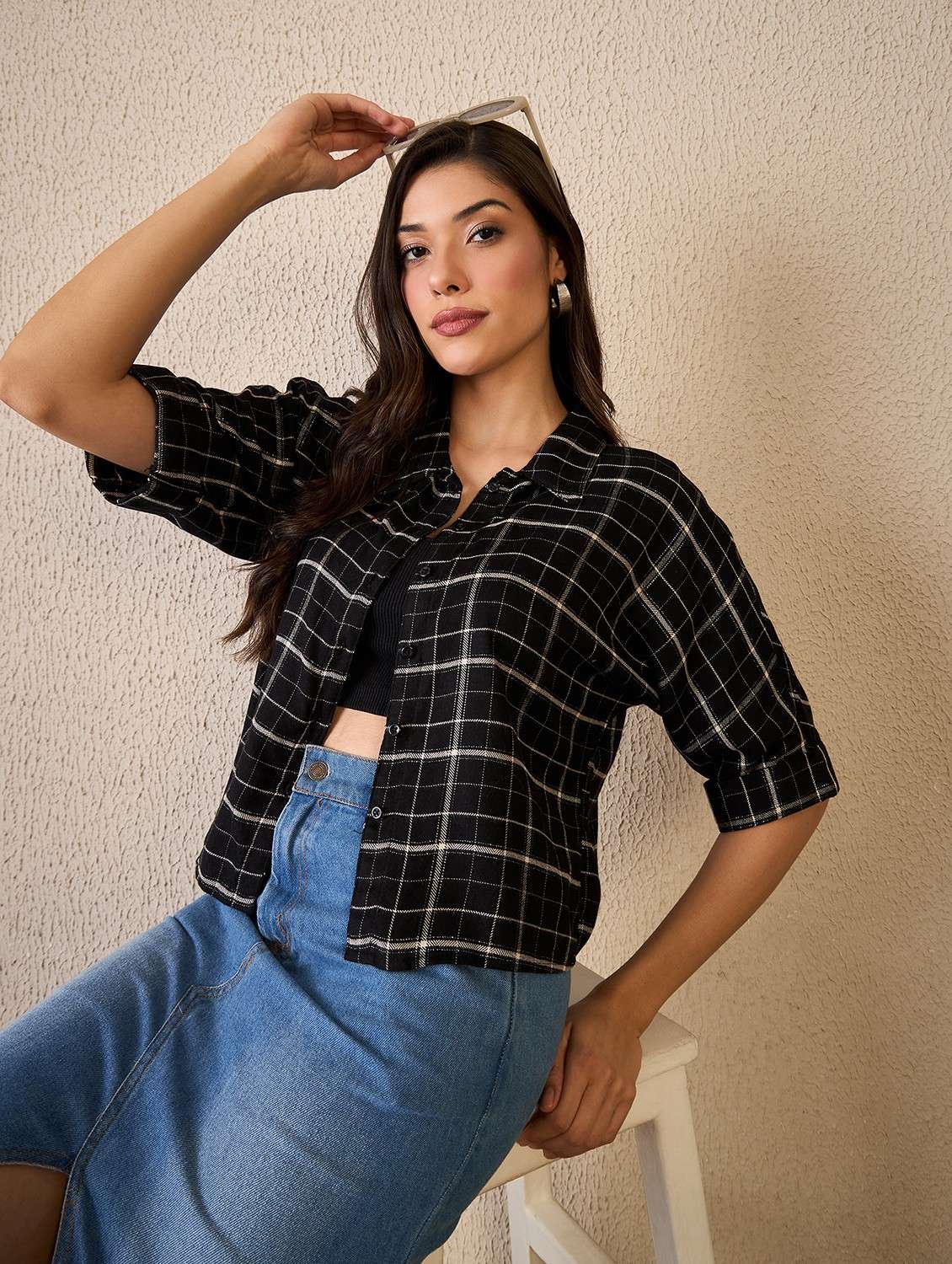 women checkered collared long sleeve shirt - 22042410 -  Zoom Image - 0