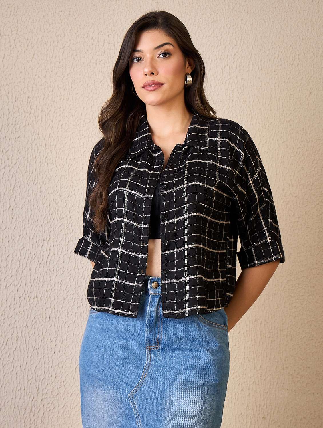 women checkered collared long sleeve shirt - 22042410 - Standard Image - 2