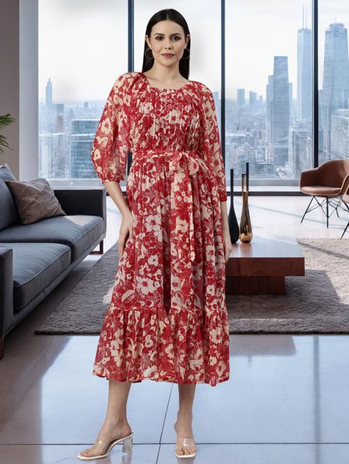 women floral printed puff sleeve tiered dress - 22042416 - Standard Image - 0