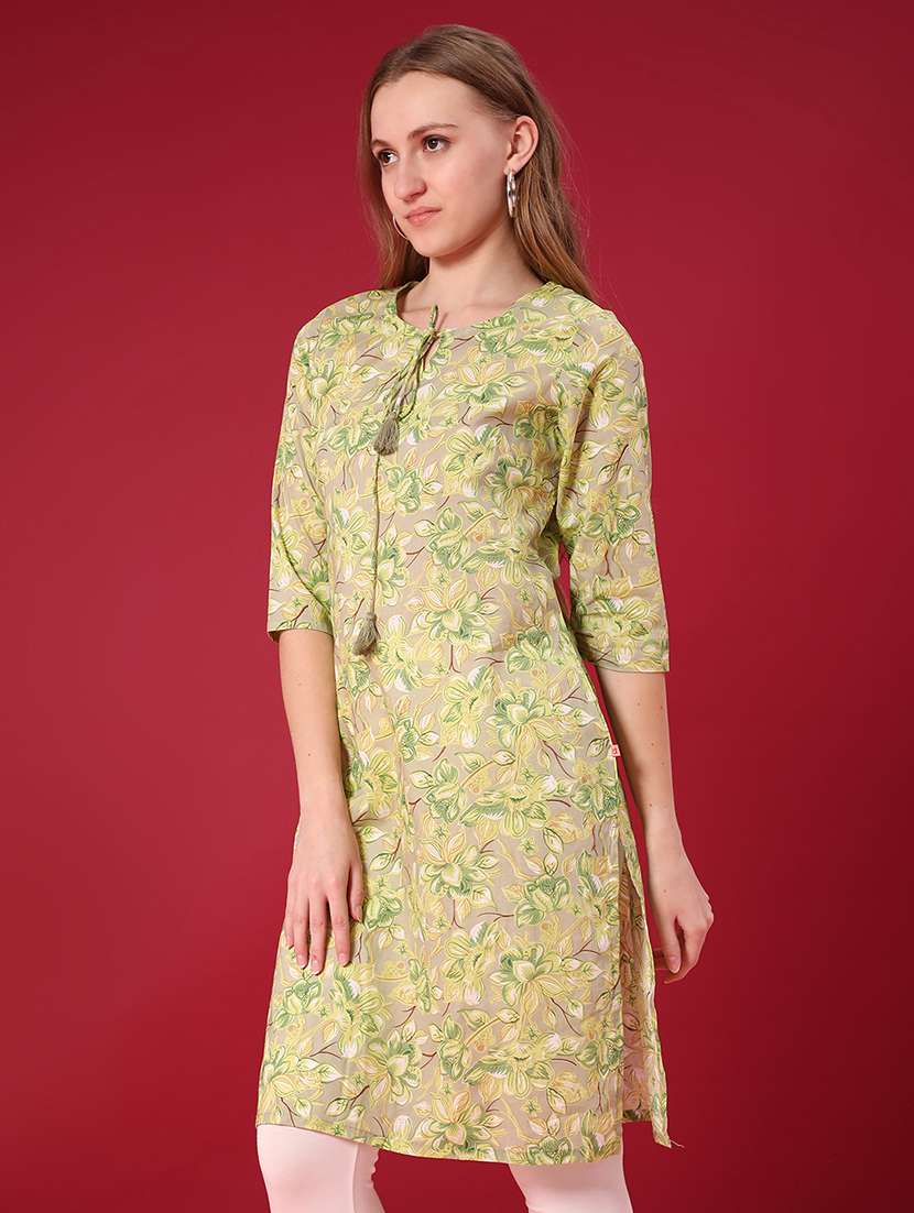 women floral printed three quarter sleeve straight kurta - 22042455 -  Standard Image - 2