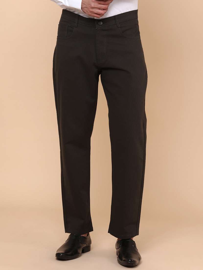 olive cotton flat front casual trousers