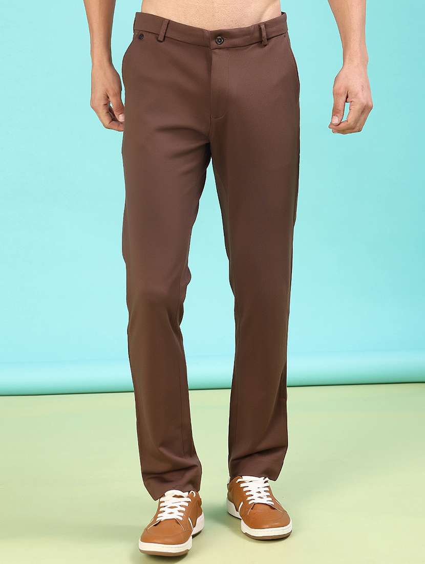 men solid mid rise flat front casual trouser