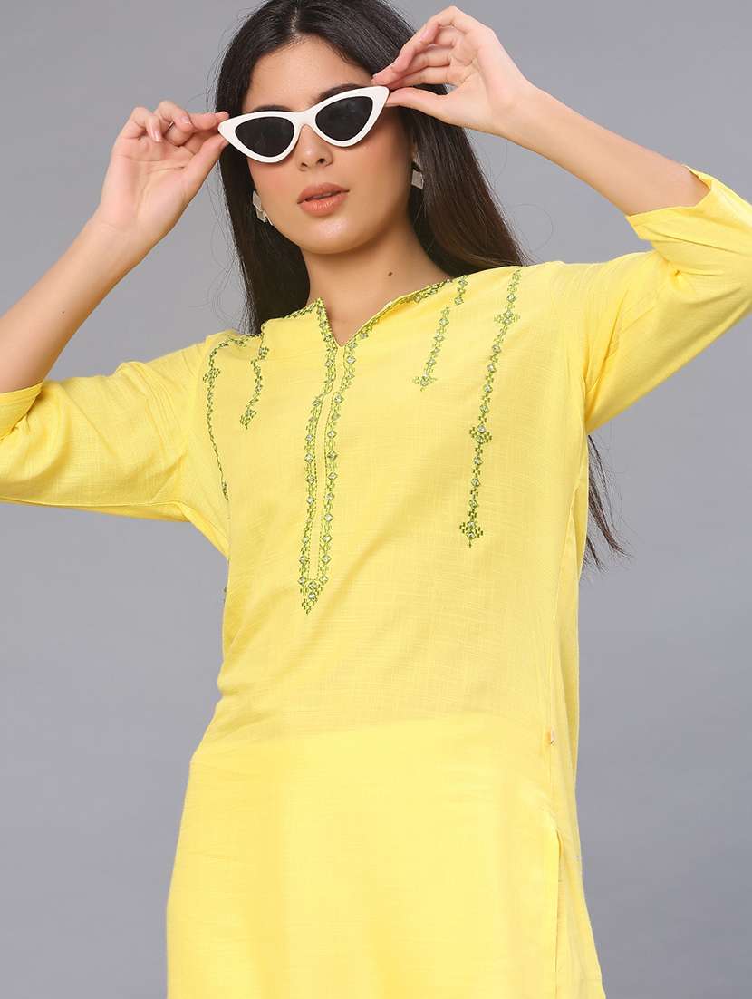 women embroidered three quarter sleeve straight kurti
