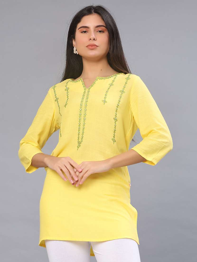 women embroidered three quarter sleeve straight kurti - 22042624 -  Standard Image - 2