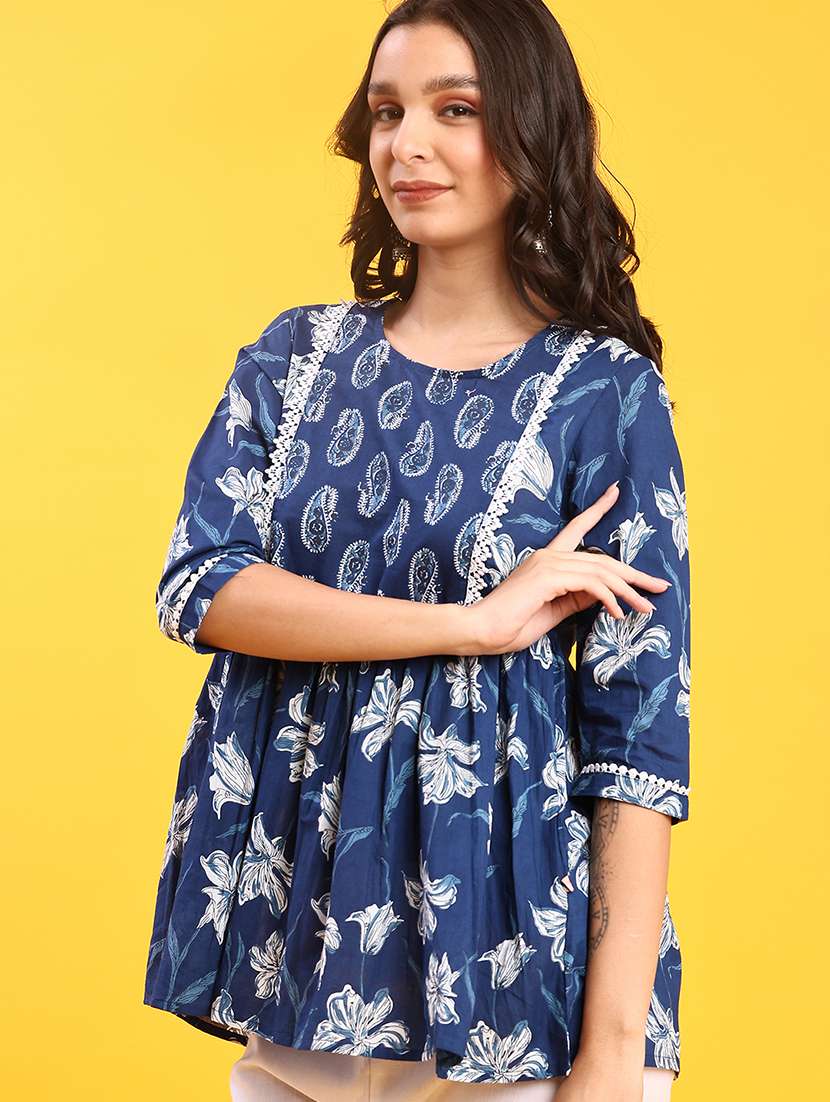 women floral printed three quarter sleeve a-line kurti - 22042678 -  Standard Image - 2