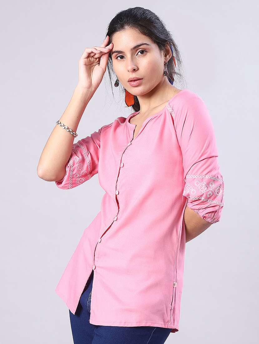 women solid with work three quarter sleeve a-line kurti - 22042680 -  Standard Image - 2