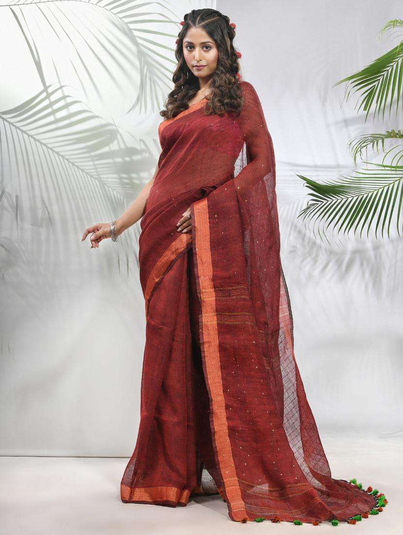 women maroon handloom saree with blouse