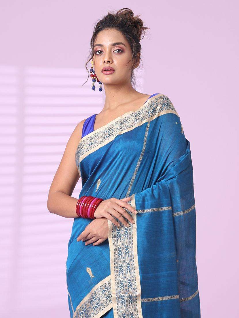 blue cotton handloom saree with blouse - 22042782 -  Standard Image - 2